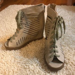 Penny Loves Kenny Tan Lace-Up Wedge Peep Toes